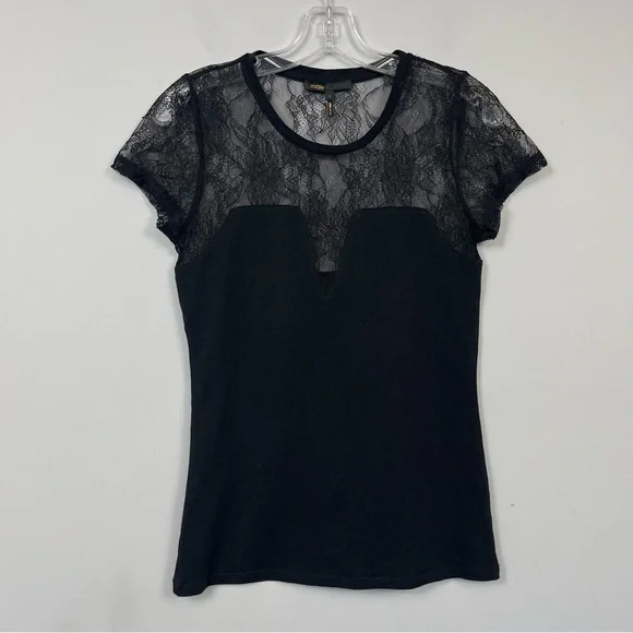 MAJE Paris Black Lace Inset Sheer Tee Shirt Top Short Sleeve Sexy 1 S Whimsigoth - Picture 4 of 12